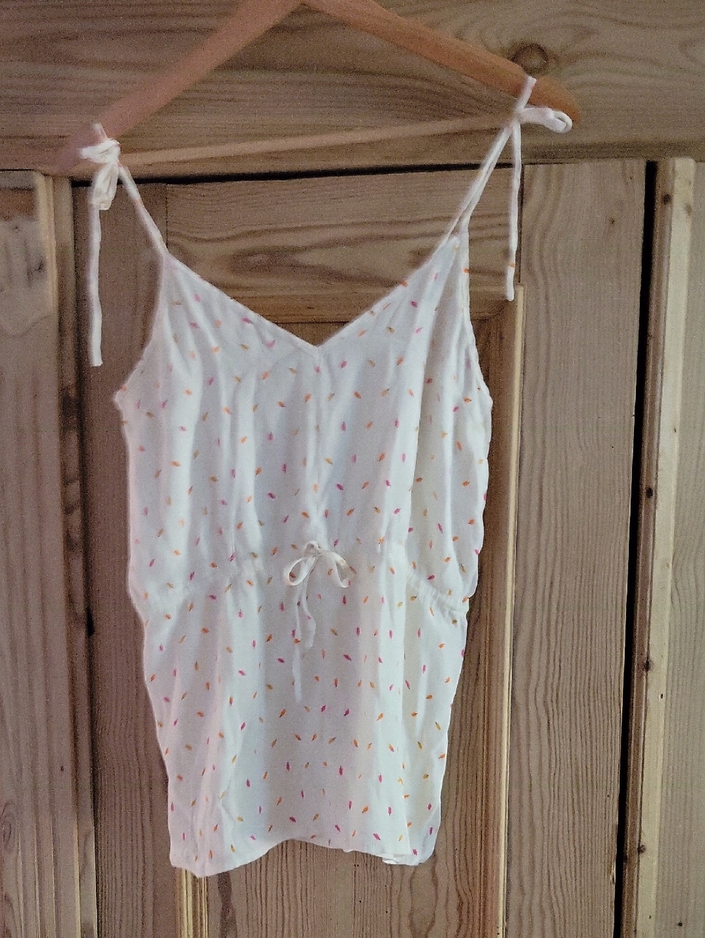 Emerson Fry Off White Tie-Shoulder Silk Top with Pink & Orange Dot Print